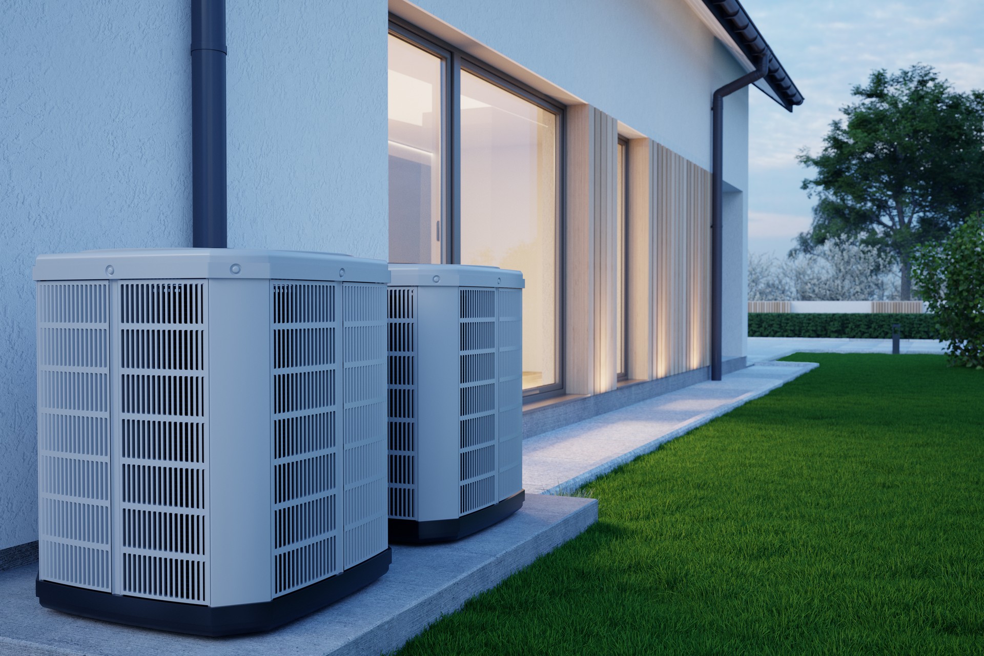 Air heat pumps beside house